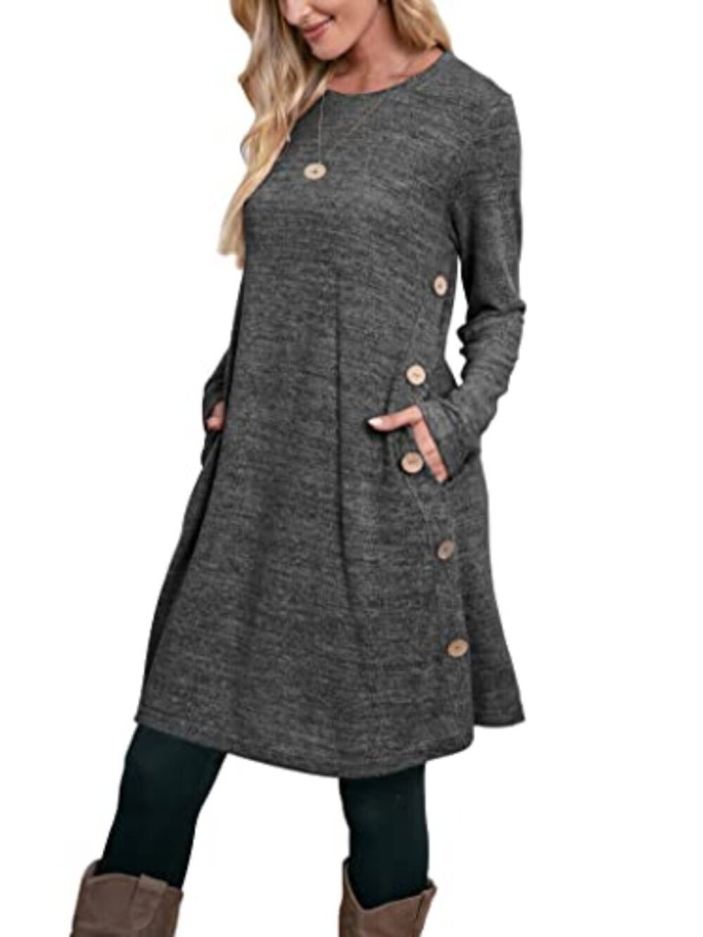 🆕 Womens Long Sleeve Dress Casual Fall Dress with Pockets Buttons Side S-XXL